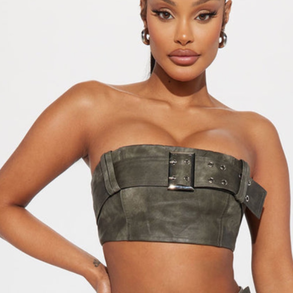 Janisa Faux Leather Belt Tube Top - Grey